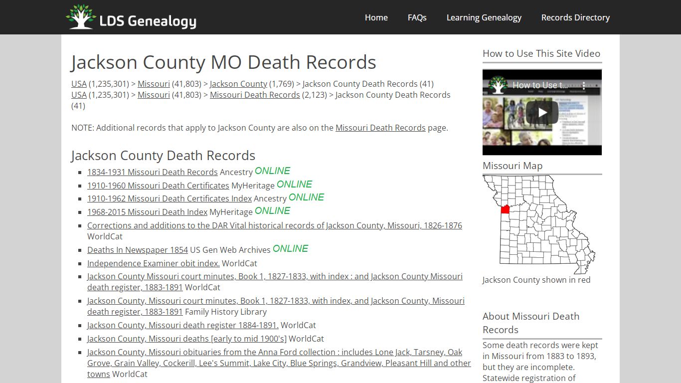 Jackson County MO Death Records - LDS Genealogy